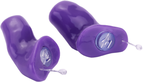 Two purple in ear hearing protection devices to prevent hearing loss. 