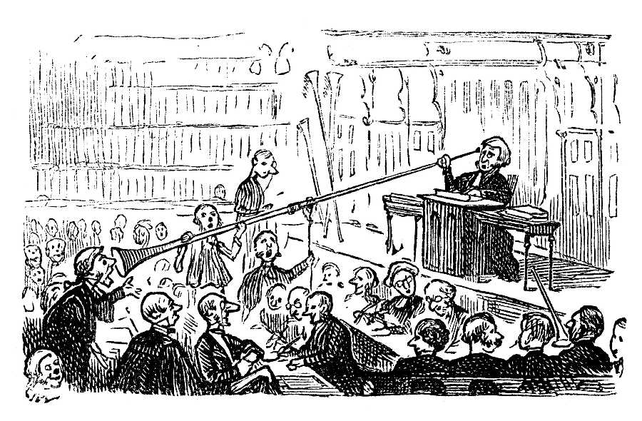 A cartoon rendition of an old hearing aid in use at a town meeting.